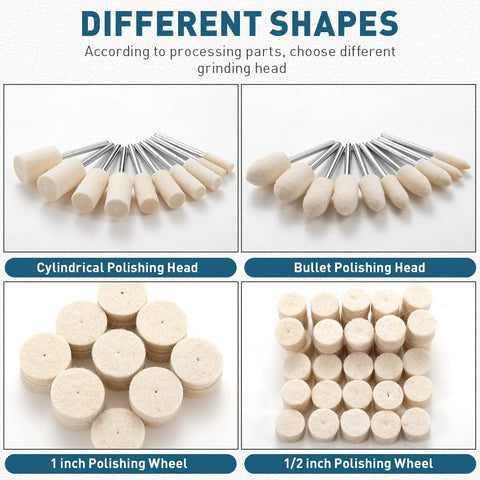 80 Pieces Wool Felt Buffing Wheel Set For Rotary Tool With 1 8th Inch Shank, different shapes and sizes displayed