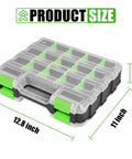 Double Sided 34 Compartments Tool Organizer Box With Clear Lid Removable Dividers For Hardware Screws Bolts Nails Beads Jewelry And Fishing Gear Green Two Pack, dimensions labeled as 12.8 x 11 x 3.15 inches.