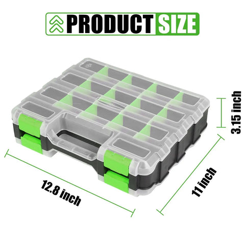 Double Sided 34 Compartments Tool Organizer Box With Clear Lid Removable Dividers For Hardware Screws Bolts Nails Beads Jewelry And Fishing Gear Green Two Pack, dimensions labeled as 12.8 x 11 x 3.15 inches.