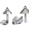 Solid Four Piece Forty Five Degree Chamfer Router Bit Set For Fine Woodworking With Quarter Inch Shank Premium Carbide Cutter, four bits at angles.