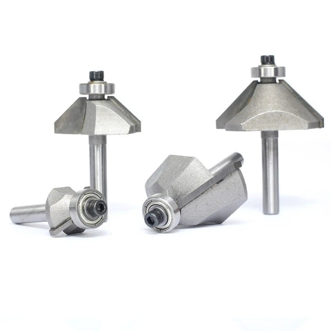 Solid Four Piece Forty Five Degree Chamfer Router Bit Set For Fine Woodworking With Quarter Inch Shank Premium Carbide Cutter, four bits at angles.
