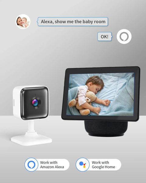 1080P FHD Wi Fi Security Camera With Night Vision And 2 Way Audio For Baby, Pets, Nanny, And Elder Care next to video display with baby