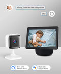 1080P FHD Indoor WiFi Security Camera 2 Pack With Night Vision Two Way Audio And Motion Alerts Great For Baby Pets Nanny And Elderly Care Works With Alexa And Google Home showing live baby monitor feed on smart display.