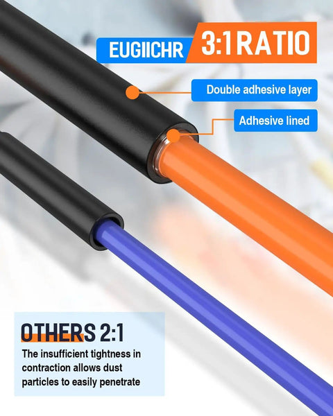 Three Eighths Inch Heat Shrink Tubing Kit With Three To One Adhesive Lined Shrink Tube close-up showing orange and blue tubes.
