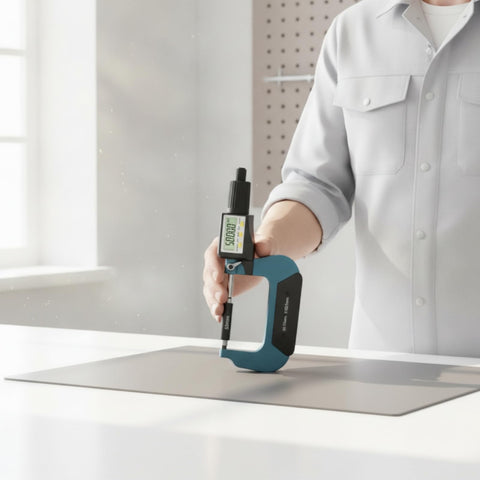 Using the Outside Digital Caliper For Mechanics And DIYers, Ultra High Precision 0.001 mm Readout On A Clear Digital Screen on a metal sheet.