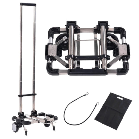 Foldable Luggage Cart With Two Wheels Lightweight Portable Travel Dolly For Air Travel, shown with bungee cord and carrying bag