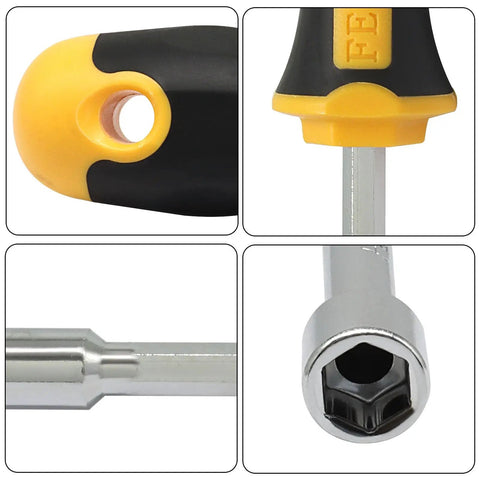 Close-up of Two Pack 10mm Socket Wrench Screwdriver Set With Cushioned Grip High Carbon Steel Nut Driver For Furniture Assembly Bike Repairs And Do It Yourself Projects Durable Pro Grade Tool Kit showing grip detail and socket end.