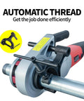 No Sweat Portable Electric Pipe Threader With Brawny 2000 Watt Copper Motor and Quick Swap Steel Dies on pipe.