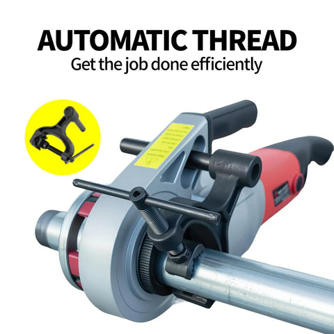 No Sweat Portable Electric Pipe Threader With Brawny 2000 Watt Copper Motor and Quick Swap Steel Dies on pipe.
