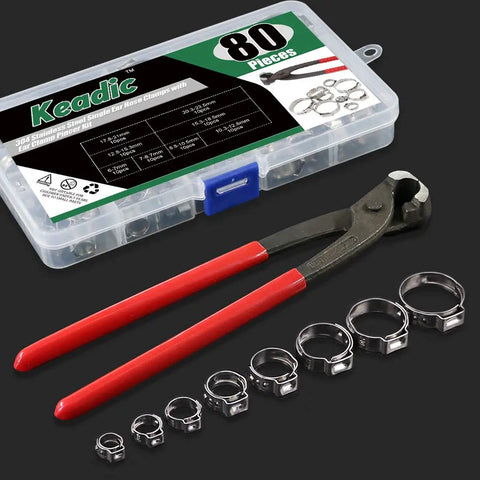 Heavy Duty Hose Clamp Kit With Pincer Crimp Tool Set For Auto And Home Use, displayed with case and crimp tool