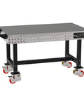 Heavy Duty Mobile Welding Fixture Table 60x36x36 Silver Shop Workbench with laser cut grid holes and locking casters.