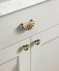 Champagne Bronze Cabinet Pulls 2.5 Inch Hole Centers Fan Shaped Zinc Alloy Drawer Pulls 6 Pack For Kitchen Cabinets And Furniture Modern Upgrade Rust Resistant Accessible Luxury Hardware on a kitchen cabinet