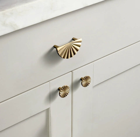 Champagne Bronze Cabinet Pulls 2.5 Inch Hole Centers Fan Shaped Zinc Alloy Drawer Pulls 6 Pack For Kitchen Cabinets And Furniture Modern Upgrade Rust Resistant Accessible Luxury Hardware on a kitchen cabinet