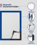 Self Adhesive A4 Magnetic Document Holder Sign Display 8.5 X 11 Inches Blue 4 Pack with adhesive, magnetic back, and frame features.