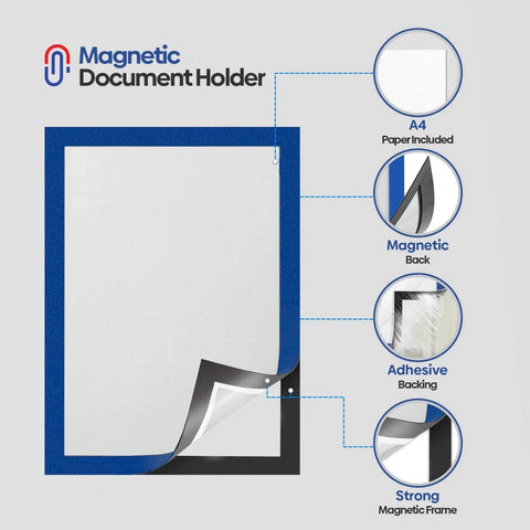 Self Adhesive A4 Magnetic Document Holder Sign Display 8.5 X 11 Inches Blue 4 Pack with adhesive, magnetic back, and frame features.