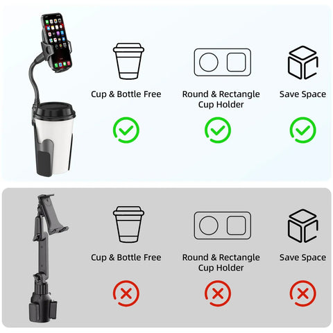 Cup Phone Holder For Car With 360 Degree Gooseneck, Ready To Rock Universal Mount, fits cup holders, frees space for drinks.