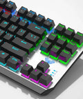 Kick Ass Mechanical Gaming Keyboard 87 Keys Tenkeyless Build close-up view of RGB backlit keys and aluminum frame.