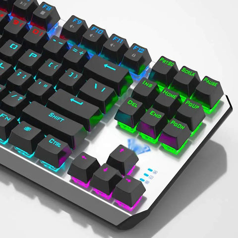 Kick Ass Mechanical Gaming Keyboard 87 Keys Tenkeyless Build close-up view of RGB backlit keys and aluminum frame.