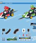 Carrera Mario Kart Go 62491 Electric Powered Slot Car Racing Set with Mario and Luigi cars, track pieces, and controllers.