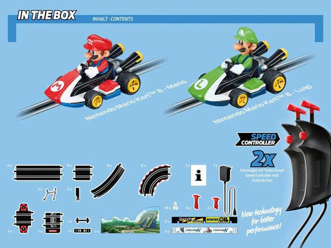 Carrera Mario Kart Go 62491 Electric Powered Slot Car Racing Set with Mario and Luigi cars, track pieces, and controllers.