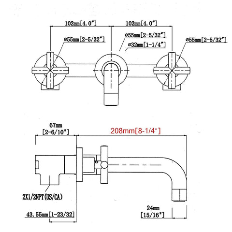 Technical drawing of Wall Mounted Bathroom Sink Faucet With 360 Degree Rotating Nozzle, Dual Cross Handles, dimensions labeled