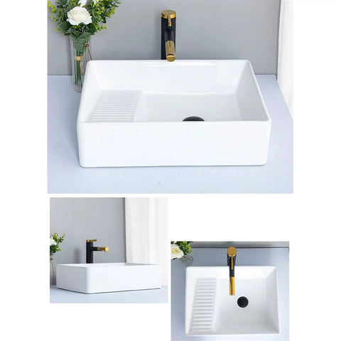USZWBY Bathroom Vessel Sink Bowl Basin Modern Fashion European Style Rectangular Countertop Basin showing ceramic design, faucet, and dimensions.