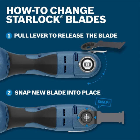 How to change Starlock Oscillating Multi-Tool Bi-Metal Blade 1-1/4 In OSL114JF-3 3-Pack illustrated in blue tool handle.