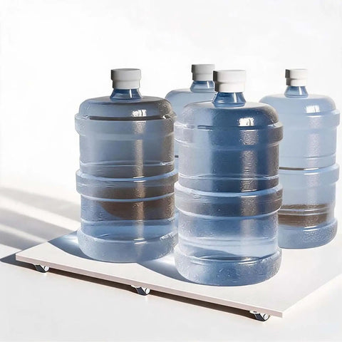 Durable Heavy Hitter 8 Pack Gray Low Profile Mini Caster Wheels With Manganese Brackets under water bottles on a tray.