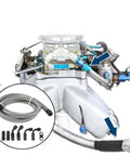Ultimate Fuel Line Kit Featuring 3 Feet Of AN-6 CPE Hose With Essential 90 And 45 Degree Adapters Perfect For Sleek Replacement Installations On Hot Rods Or Muscle Cars That Need Reliable Routing Solutions. Fuel hose kit shown on carburetor with braided AN-6 line and angled fittings