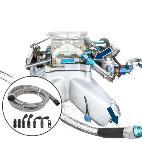 Ultimate Fuel Line Kit Featuring 3 Feet Of AN-6 CPE Hose With Essential 90 And 45 Degree Adapters Perfect For Sleek Replacement Installations On Hot Rods Or Muscle Cars That Need Reliable Routing Solutions. Fuel hose kit shown on carburetor with braided AN-6 line and angled fittings