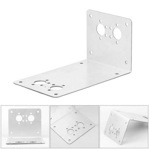 L Shaped Parking Heater Mounting Bracket For Diesel Heaters Like Webasto Eberspacher Airtronic No Fuss Install Floor Plate Fits Trucks SUVs Cars Durable Heavy Duty Base made of silver steel with pre-drilled holes shown at angle.