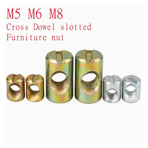 Heavy Duty Furniture Barrel Nuts And Cross Dowel Pins Kit showing M5 M6 M8 slotted iron dowel pins in assorted sizes