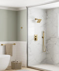 GRANDJOY 6" Wall Mount Shower System with Handheld Spray, Brushed Gold in modern bathroom design with marble tiles.