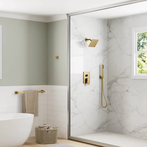 GRANDJOY 6" Wall Mount Shower System with Handheld Spray, Brushed Gold in modern bathroom design with marble tiles.
