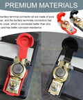 Close-up of red and black Go To Universal Negative And Positive Car Battery Terminal Kit with copper clamps on battery