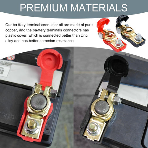 Close-up of red and black Go To Universal Negative And Positive Car Battery Terminal Kit with copper clamps on battery