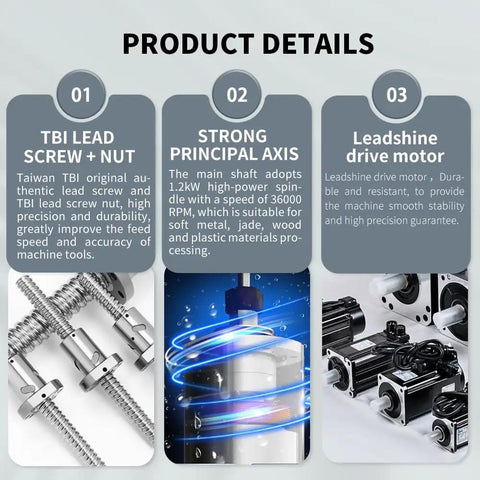 Desktop 4 Axis CNC Engraving Machine For Jade Wood And Metal Jewelry With 3D Precision Carving And Bracelets Surface Engraving Free Training Included For DIYers And Pros Today product details showcasing TBI lead screw, strong principal axis, and Leadshine drive motor