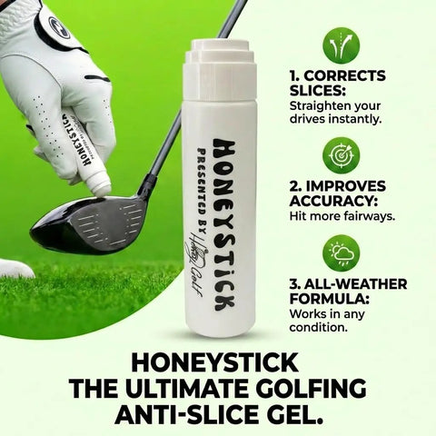 Golf club driver with Anti Slice Gel For Golf Clubs That Crushes Slices And Keeps Centered Contact bottle on green grass.
