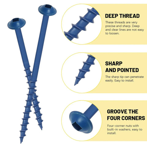 Close-up of blue screws from Exterior Pocket Hole Screws Kit With One Hundred Pieces Size Eight By One Inch Wood Screws Blue Anti Rust Coating Coarse Thread Washer Head Square Drive Includes Fifty Millimeter Drive Bit For Easy Deck And Cabinet Projects showing deep threads and sharp tips.