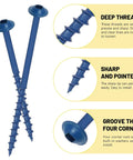 Close-up of 100-Piece Exterior Pocket Hole Screws Set, Size 8 X 2 Inch, Blue Anti Rust Coating with deep thread details