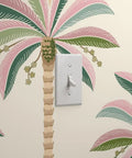 Kickass Midcentury Modern Vinyl Wallpaper With Sleek Leather Texture And Heavy Duty Commercial Grade Durability Custom Printed Just For You To Level Up Any Interior Space Today featuring a light switch amidst palm leaf design.