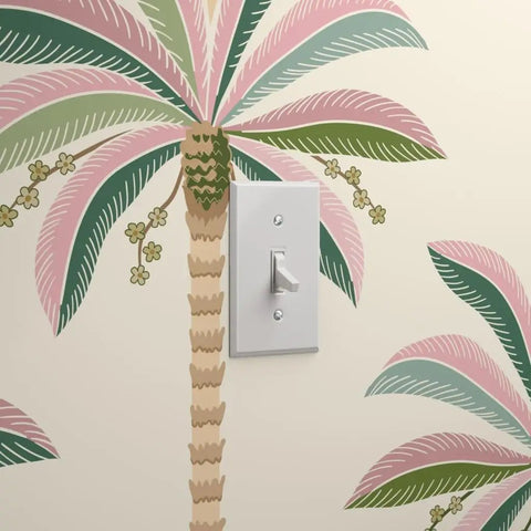 Kickass Midcentury Modern Vinyl Wallpaper With Sleek Leather Texture And Heavy Duty Commercial Grade Durability Custom Printed Just For You To Level Up Any Interior Space Today featuring a light switch amidst palm leaf design.