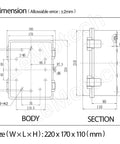 Technical drawing of Dustproof Waterproof IP65 Junction Box With Hinged Cover In ABS Plastic, showing dimensions and layout.