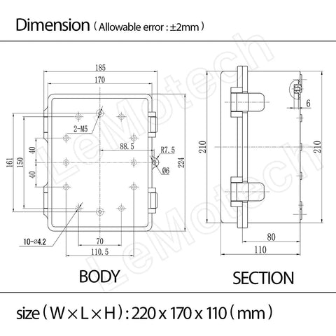 Technical drawing of Dustproof Waterproof IP65 Junction Box With Hinged Cover In ABS Plastic, showing dimensions and layout.