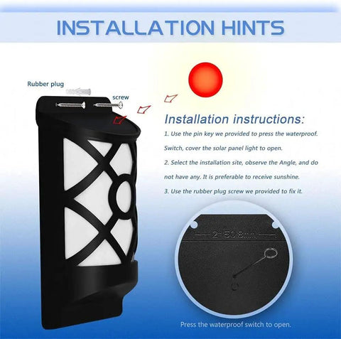 Outdoor Solar Flame Lights, 66 LED Waterproof Wall Mounted Flickering Dancing Flame installation guide with lattice design