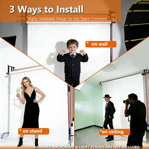 No Sweat 3 Roller Photography Backdrop Stand With Reliable Ceiling Or Light Stand Mount, Handles Standard Pipe Tubing, Includes Hooks And Telescoping Rods For Knockout Home Studio Clips