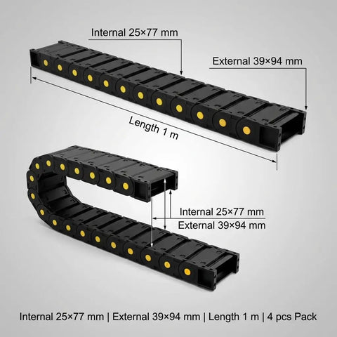 Enclosed Cable Drag Chain 25 By 77 Millimeters, 4 Pack, 1 Meter Long, flexible wire carrier, top and bent views, beefy reinforced plastic
