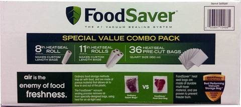 Vacuum Sealer Value Pack with 1 Eight-Inch Roll, 4 Eleven-Inch Rolls, and 36 Pre-Cut Quart Bags packaging image
