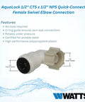 AquaLock Half Inch CTS To Half Inch NPS Female Swivel Elbow for water plumbing lines in white plastic, side view