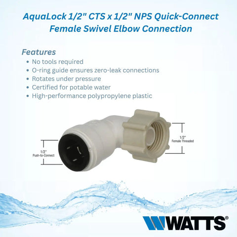 AquaLock Half Inch CTS To Half Inch NPS Female Swivel Elbow for water plumbing lines in white plastic, side view
